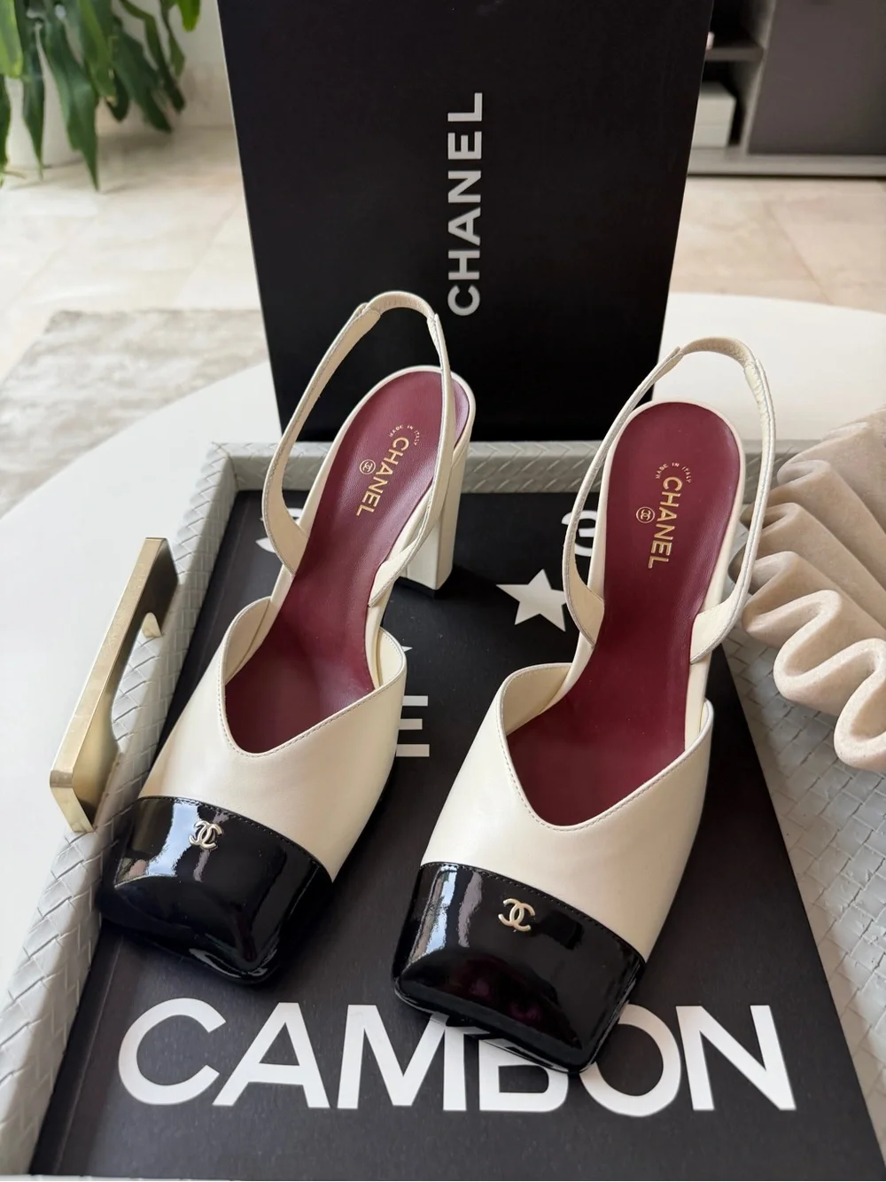 Chanel 26S Blazy Ivory Ecru Black Square Cap Toe Sling CC Slingback Heel Pump 40